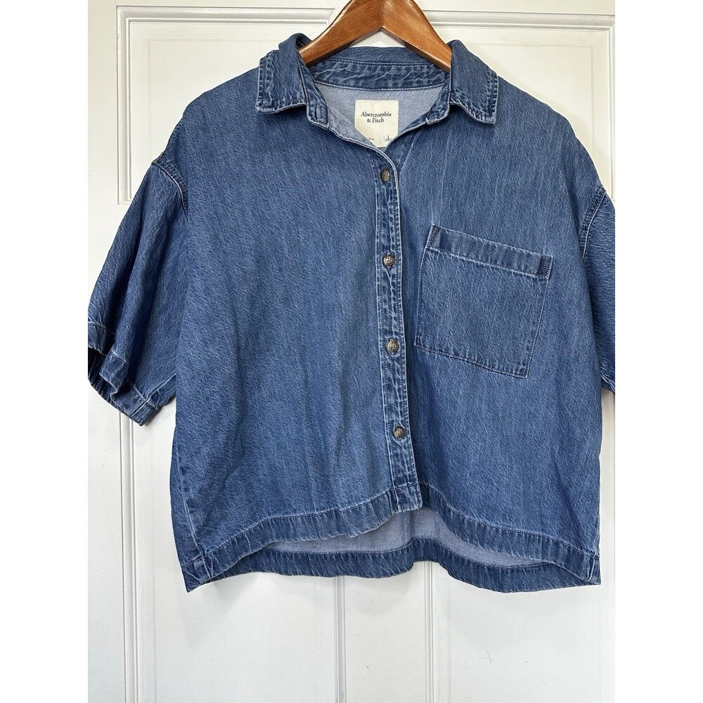 Abercrombie & Fitch Denim Collared Short Sleeve Blouse Blue L - Picture 2 of 4